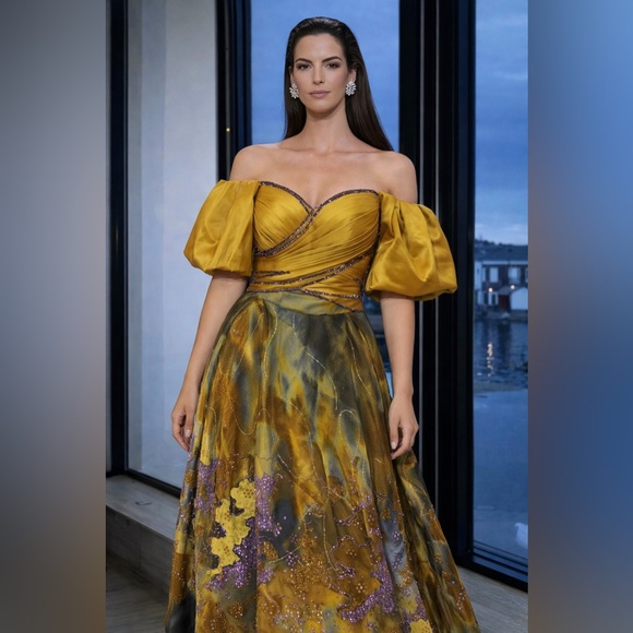 Elegant Off-Shoulder Yellow and Green Dress